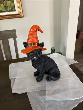 Black Cat Figurine with Orange Witch Hat - Decorative Pet Statue
